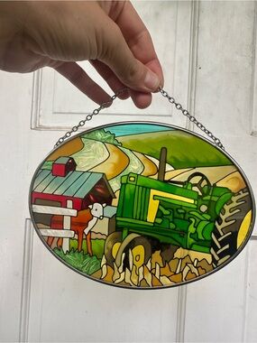 Green Tractor Faux Stained Glass Farm Scene Window Panel